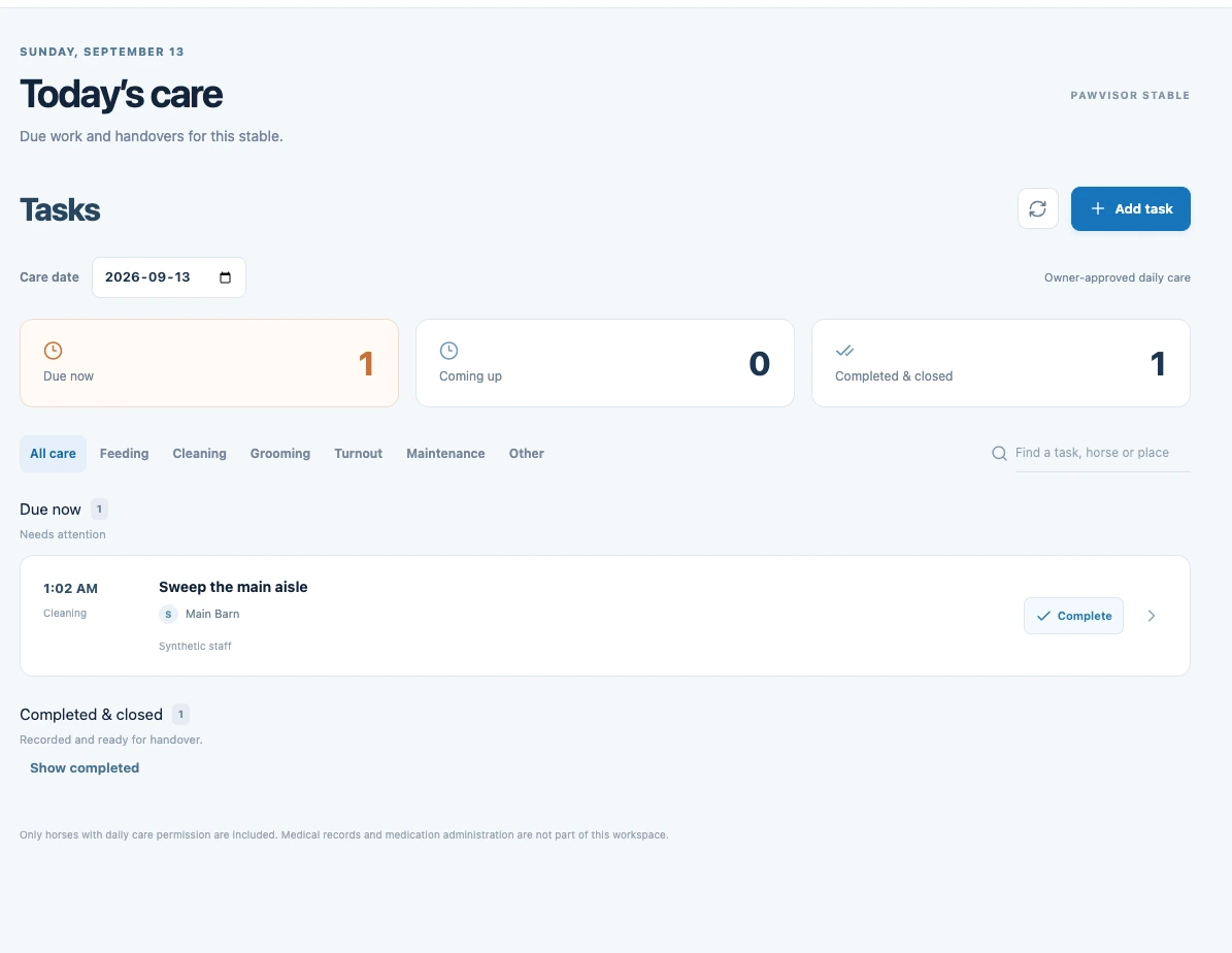 Today at the stable. The local portal pilot: due work and completed care activity.